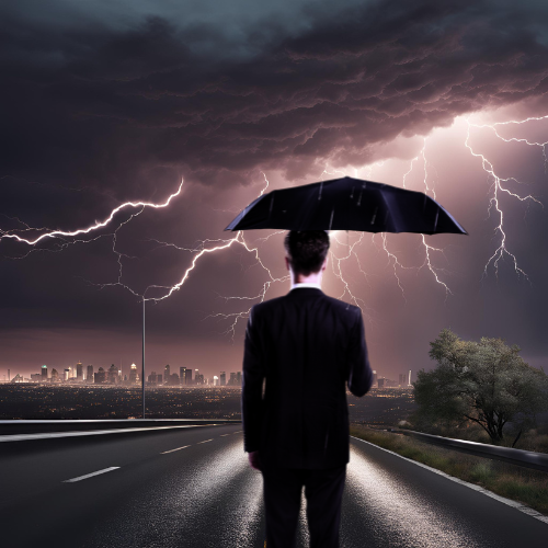 business man standing in the road holding an umbrella with the city in the distance and in a lightning storm