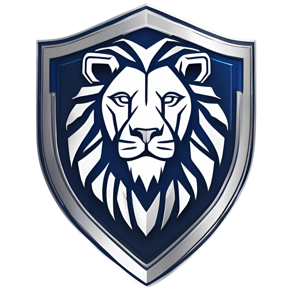 Logo Armor Insurance: Lions head embossed on a blue shield