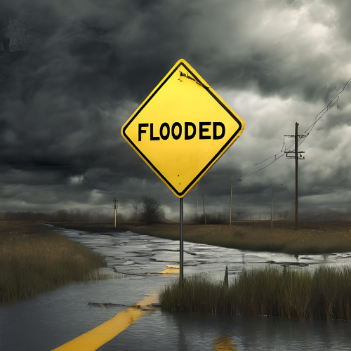 storm clouds in the sky and a road leading into the storm. A yellow "flooded" sign is beside the road