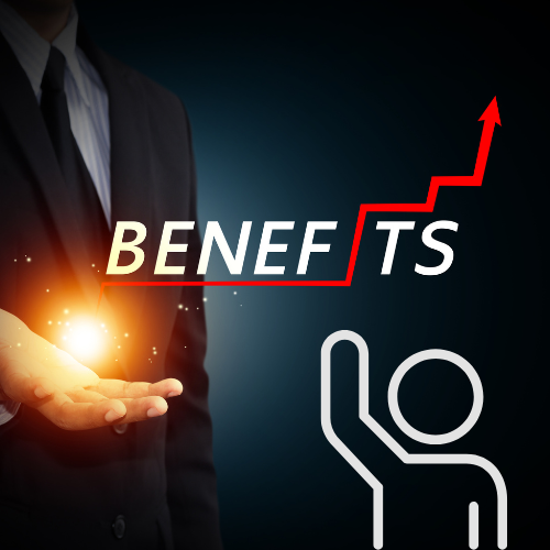 A man in a suit holds out his hand with a bright light hovering above it. The word 'Benefits' is centered, underscored by a red line that turns into an arrow at the 'i'. A stick figure in the lower right raises its arm. This image represents the powerful benefits of commercial auto insurance in Montana