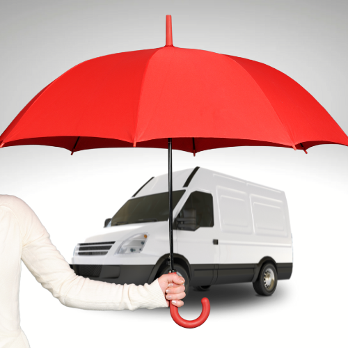 A man holding a large, open red umbrella protecting a white Sprinter van, symbolizing the comprehensive coverage available for commercial auto insurance in Montana.