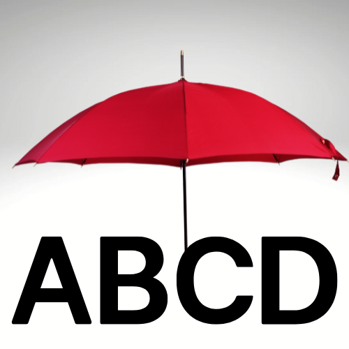 Black letters A, B, C, & D standing under a red umbrella, symbolizing the comprehensive car insurance coverages available in Miles City, MT
