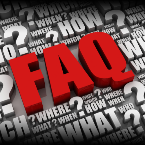 A large, red 3D "FAQ" dominates the image, surrounded by smaller words like 'how,' 'when,' 'where,' 'what,' and 'who,' symbolizing frequently asked questions about commercial auto insurance coverage in Montana