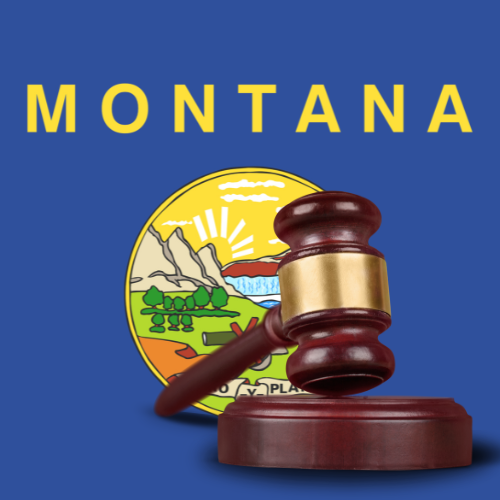 Montana flag backdrop with gavel and pedestal in foreground, symbolizing Montana's motor vehicle liability insurance laws