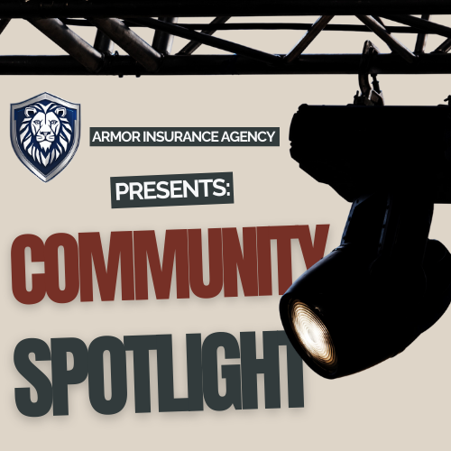 Image of a hanging spotlight shining down towards the center, with the words 'Community Spotlight' in the background. Above the spotlight is the Armor Insurance Agency logo and the phrase 'Armor Insurance Agency presents.' This image represents the Community Spotlight video series, highlighting remarkable individuals in the Miles City area through their inspiring stories