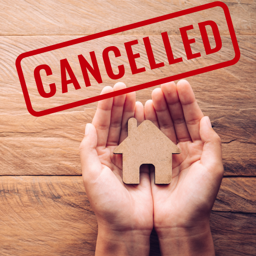 Hands holding wooden house with cancelled stamp above, representing loss of home insurance protection